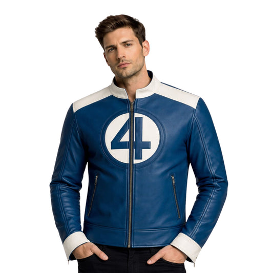 Man wearing a blue leather jacket with a white circle and number 4 on a white background