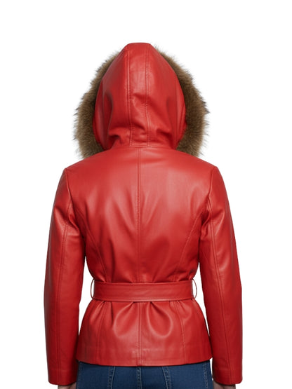 Red leather jacket with fur hood on a white background