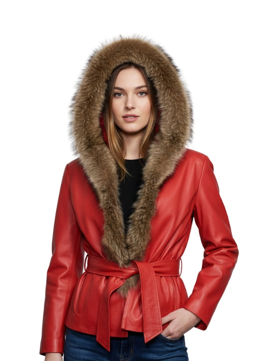Red leather jacket with fur hood worn by a model on a white background