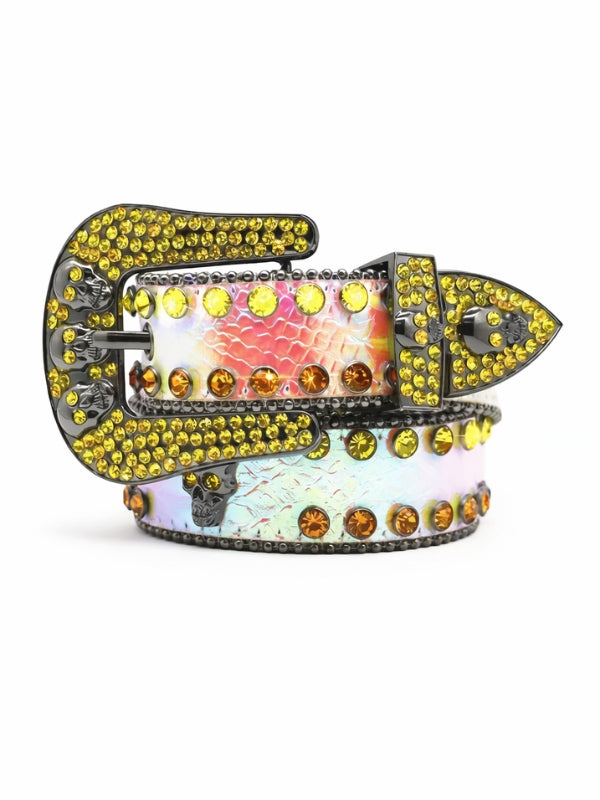 Decorative belt with colorful gemstones on a white background