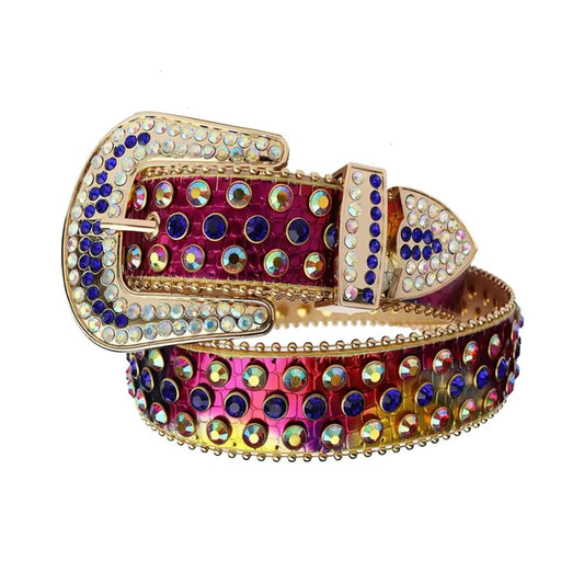 Colorful belt with rhinestone details on a white background