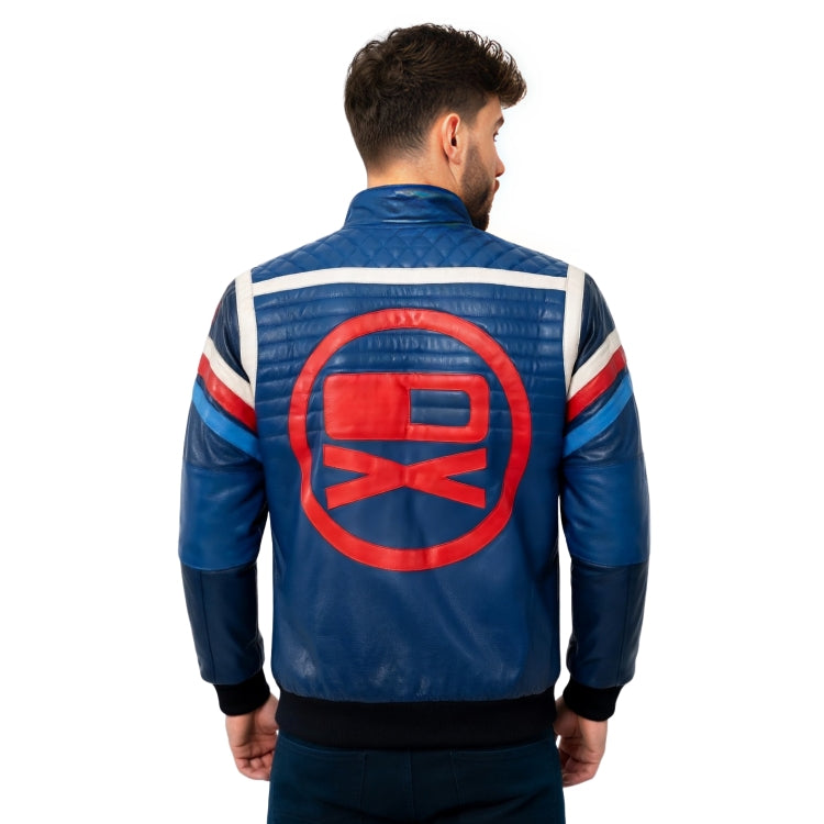Man wearing a blue leather jacket with a red logo on the back against a white background
