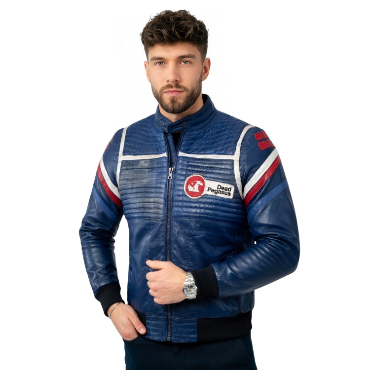 Man wearing a blue jacket with a brand logo on a white background