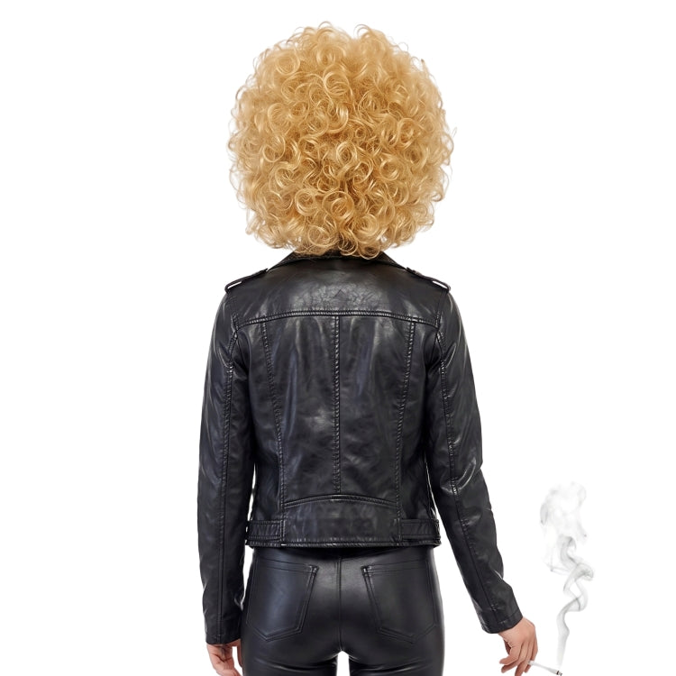 Person wearing a black leather jacket and blonde wig on a white background