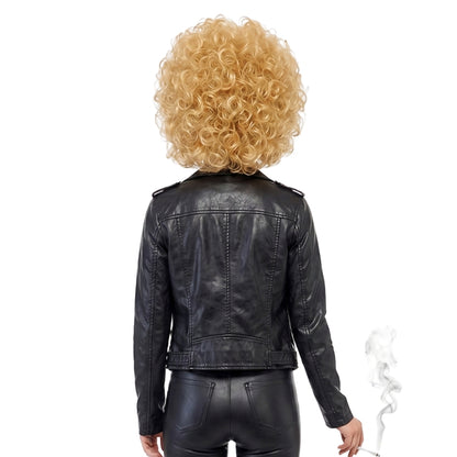 Person wearing a black leather jacket and blonde wig on a white background