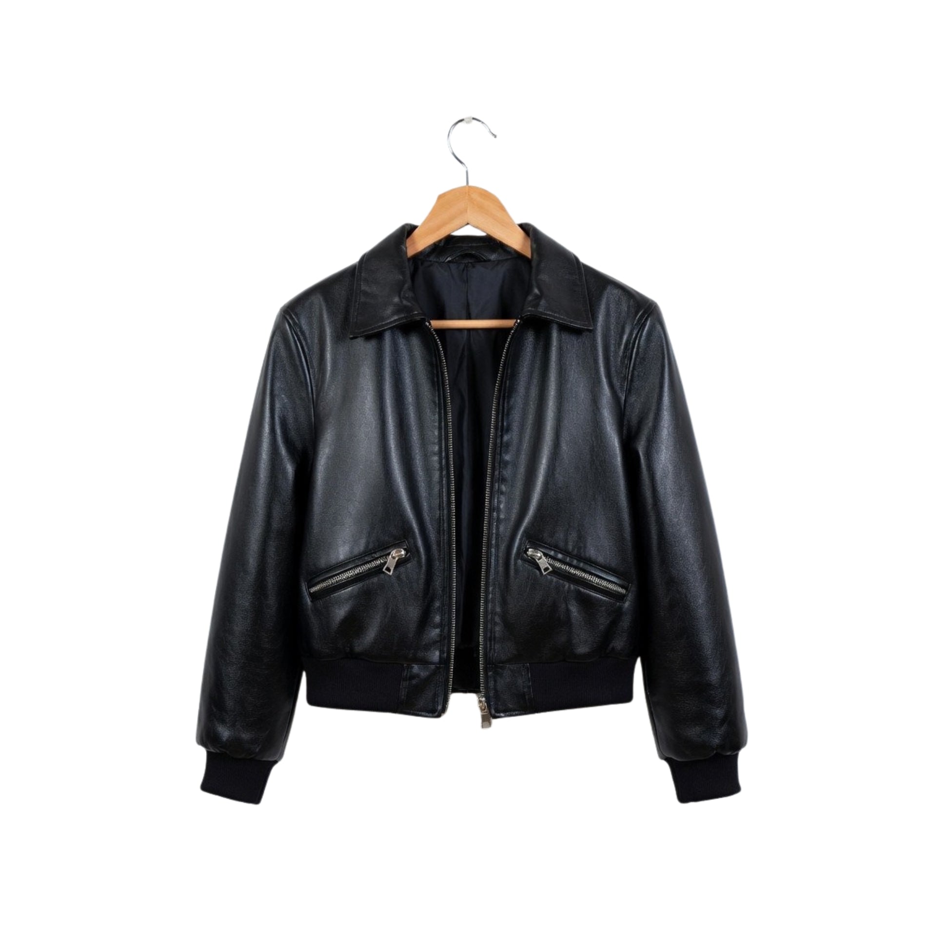 Black leather jacket on a wooden hanger against a white background