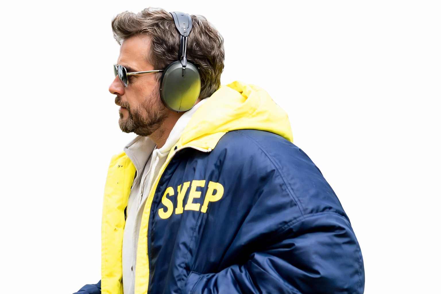Man wearing a blue jacket with 'SYEP' on it, yellow hood, and headphones on a white background