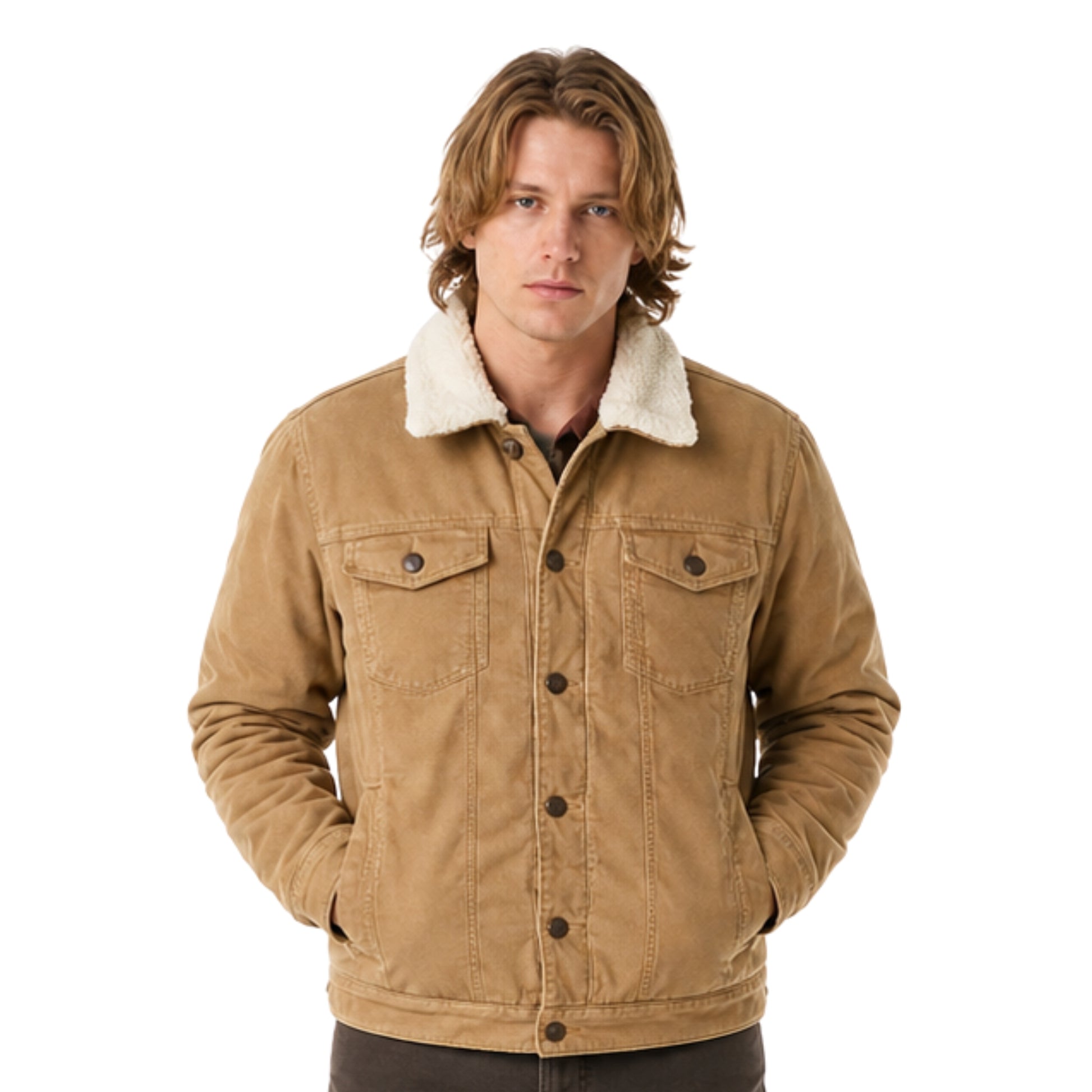 Man wearing a brown jacket with a white collar on a white background
