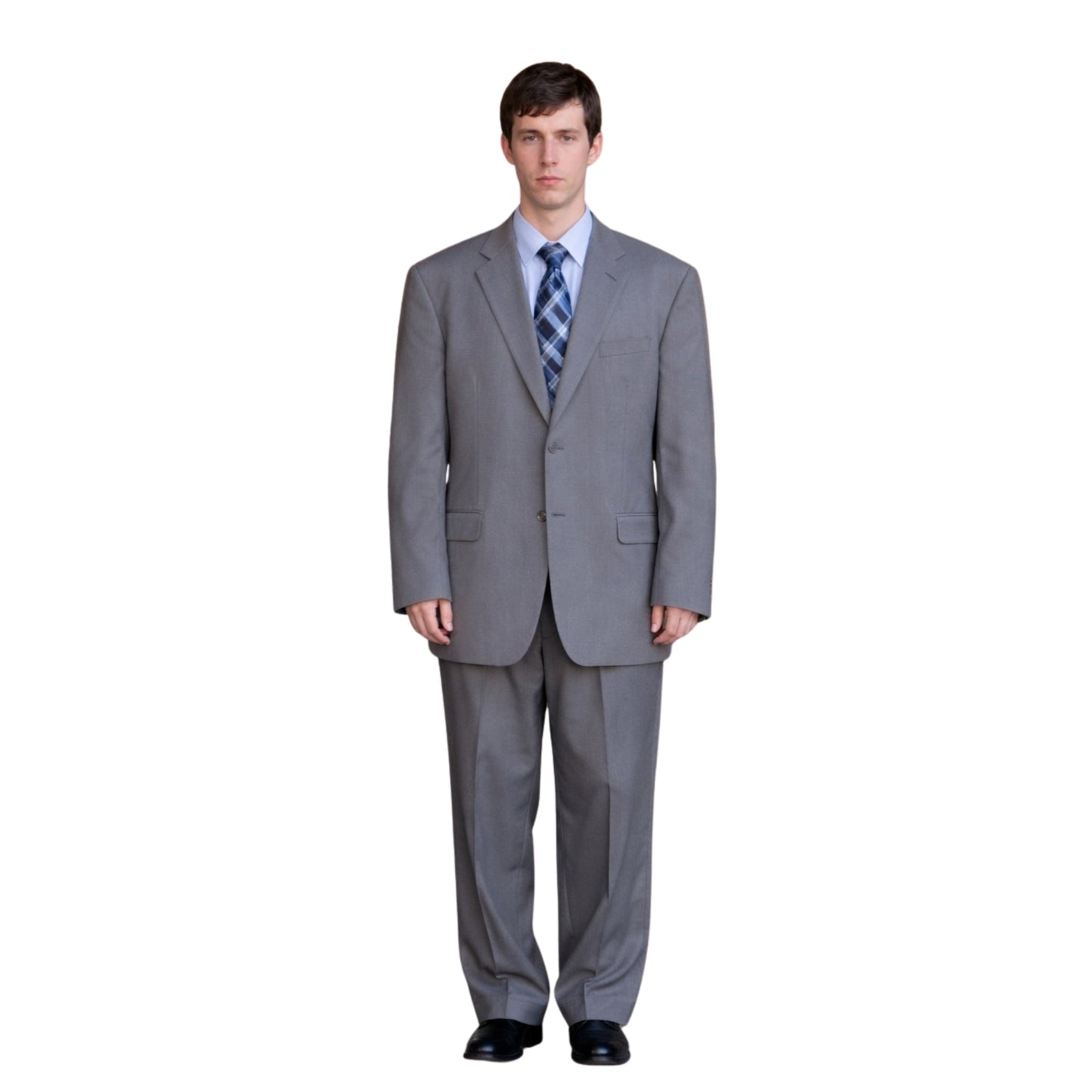 Man wearing a gray suit with a blue tie on a white background