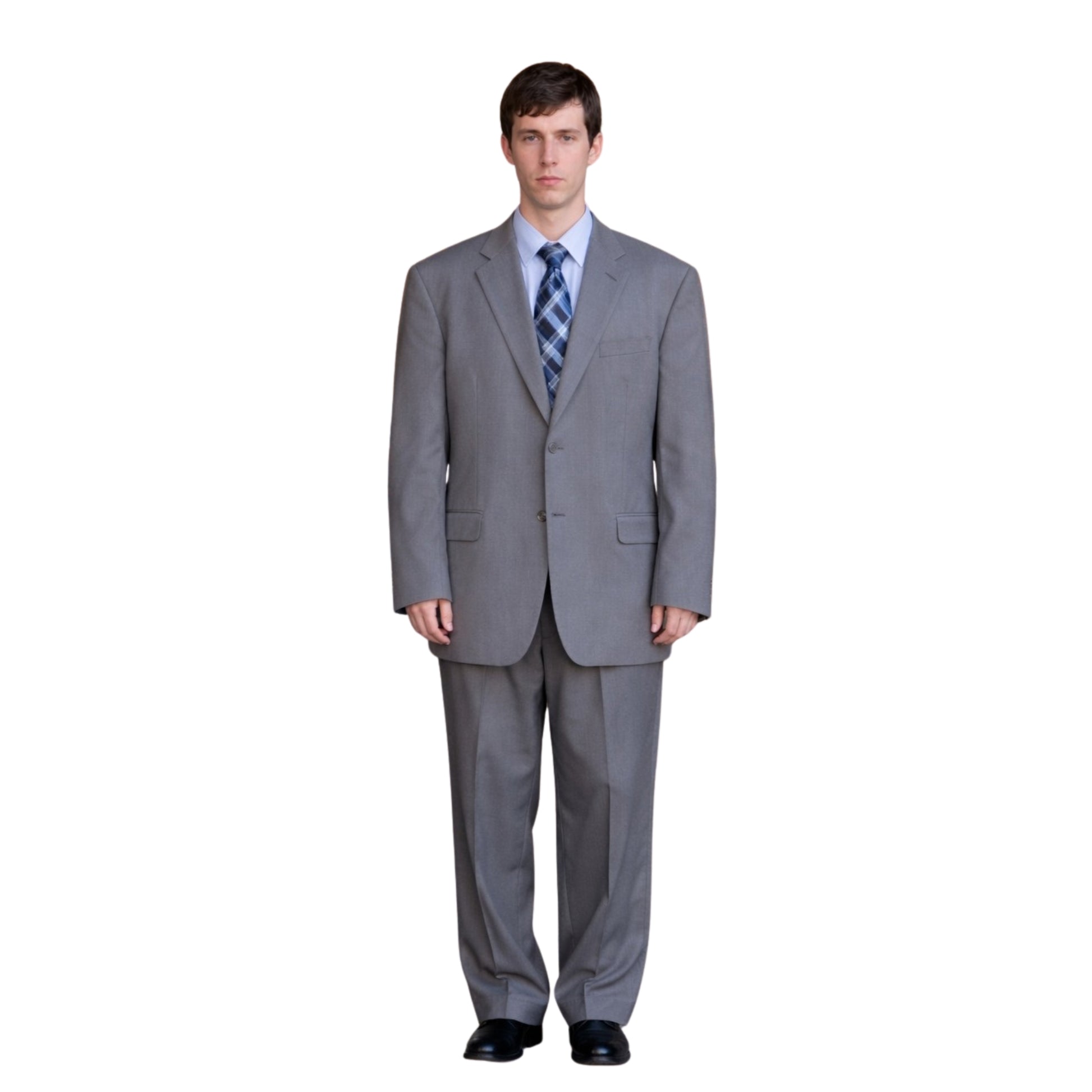 Man wearing a gray suit with a blue tie on a white background