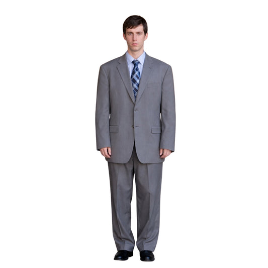Man wearing a gray suit with a blue tie on a white background