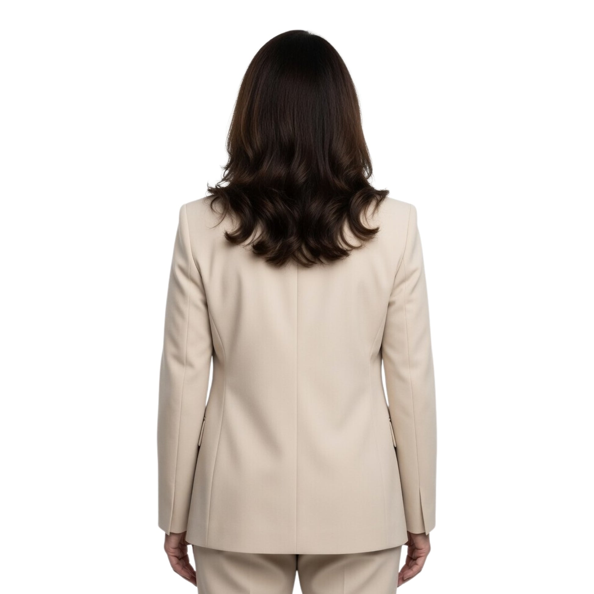 Woman wearing a beige suit on a white background