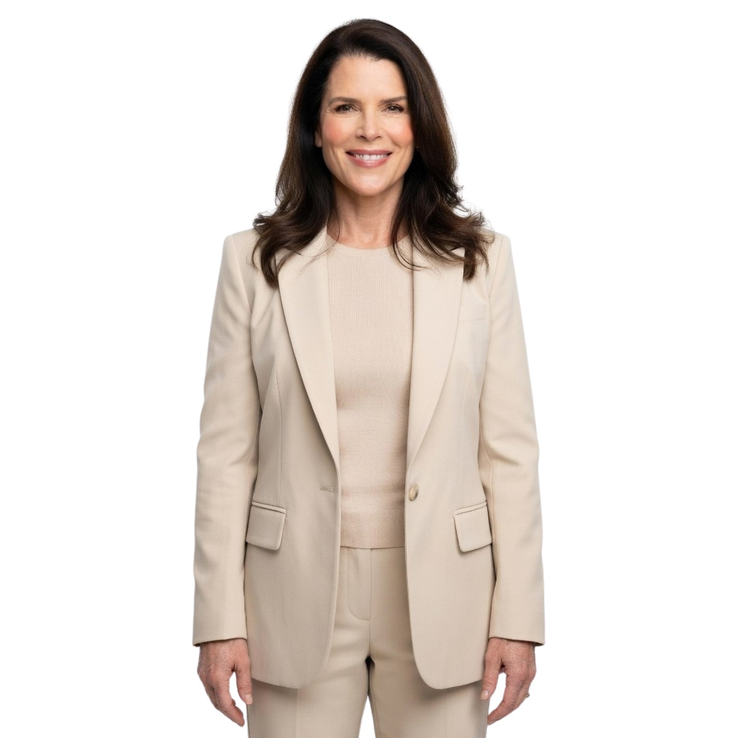 Woman wearing a beige suit on a white background