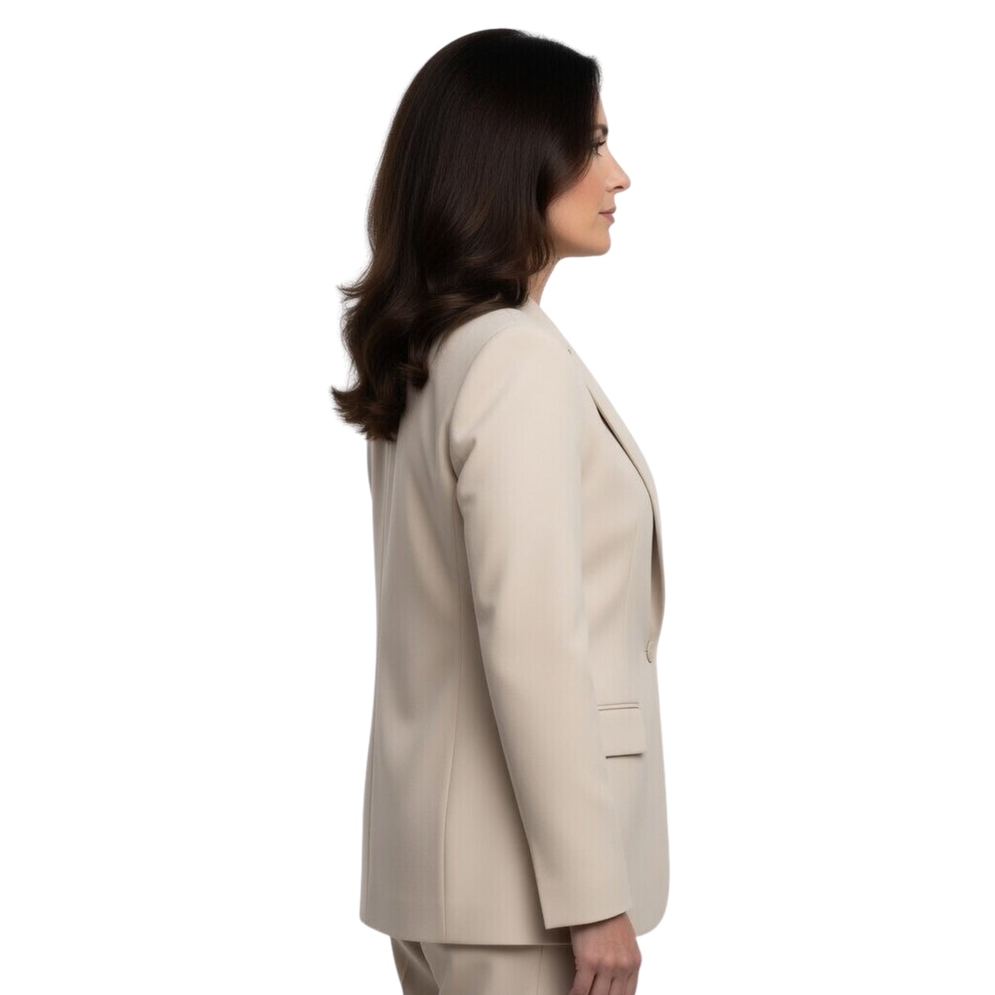 Woman wearing a patterned outfit on a white background
