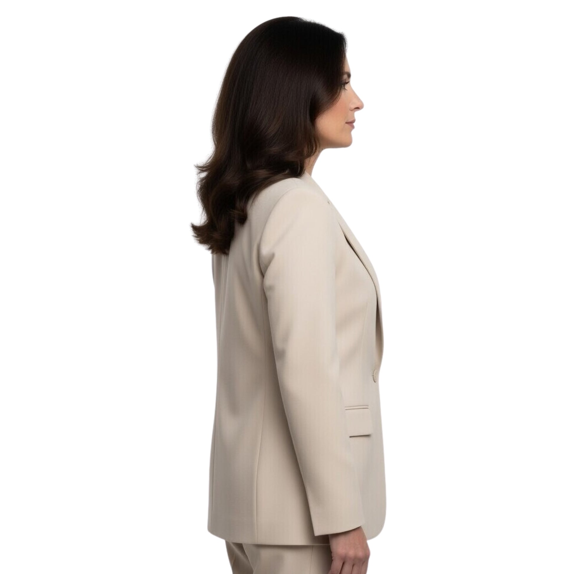 Woman wearing a patterned outfit on a white background
