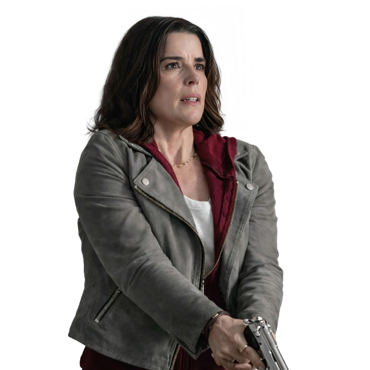 Woman Wearing a grey biker jacket on a white background.