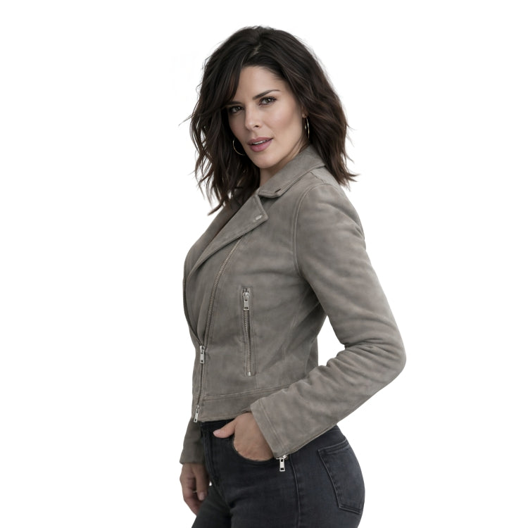 A person wearing grey leather biker jacket posing in side pose.