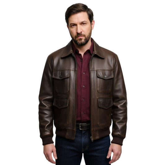 Man wearing a brown leather jacket over a red shirt on a white background
