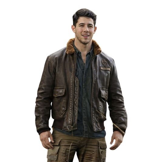 Man wearing a brown leather jacket with fur collar on a white background