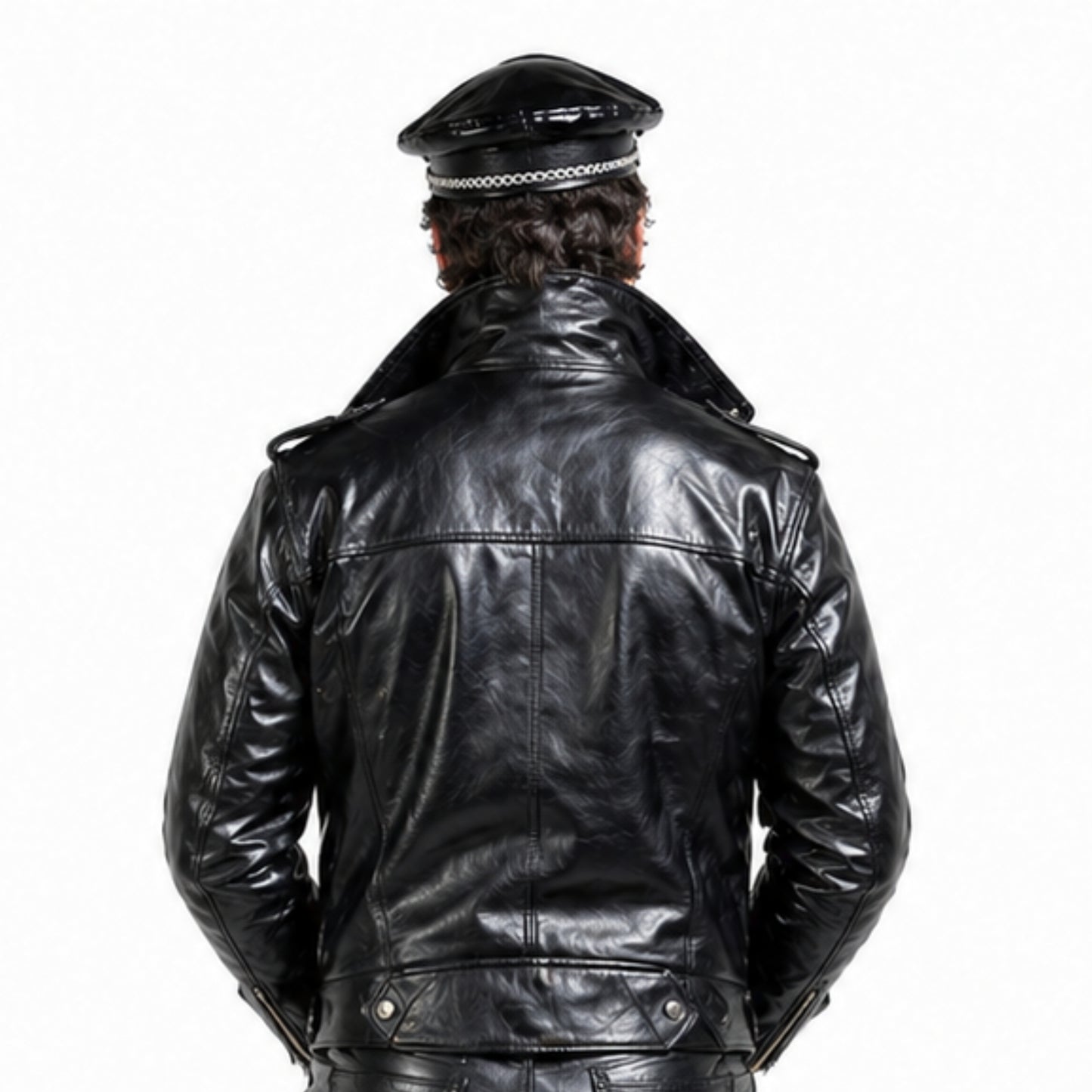 Person wearing a black leather jacket and cap on a white background