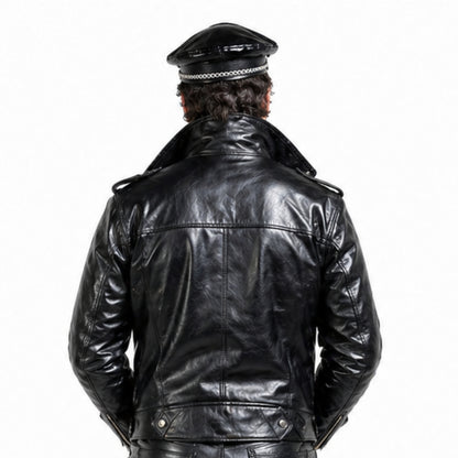 Person wearing a black leather jacket and cap on a white background