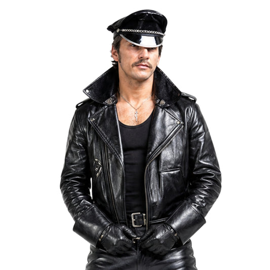 Person wearing a black leather jacket and hat on a white background
