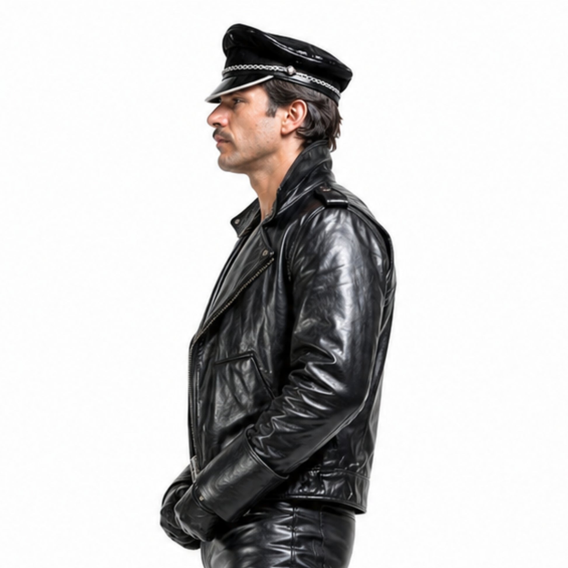 Man wearing a black leather jacket and cap on a white background