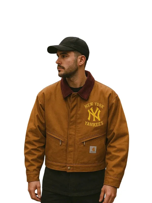 NY Yankees brown crop cotton jacket with a trendy fit, perfect for casual and streetwear style