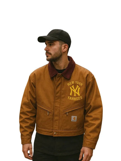 NY Yankees brown crop cotton jacket with a trendy fit, perfect for casual and streetwear style