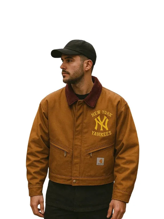 NY Yankees brown crop cotton jacket with a trendy fit, perfect for casual and streetwear style