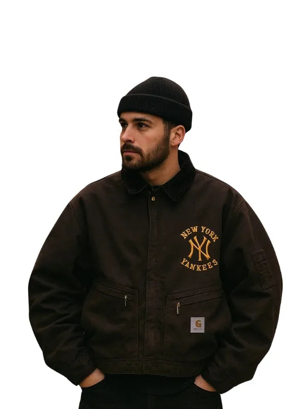 NY Yankees dark brown crop cotton jacket designed with a modern cropped fit and soft cotton feel
