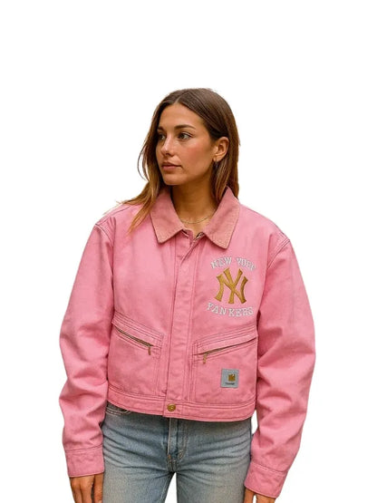 NY Yankees pink crop jacket with a fashionable look, perfect for casual and trendy wear