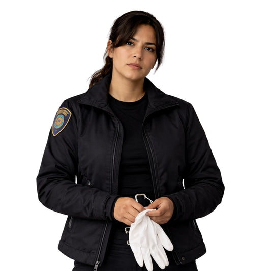 Woman wearing a black jacket with a patch, holding white gloves on a white background