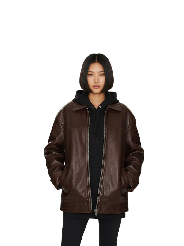 Olivia Brown Oversized Leather Jacket