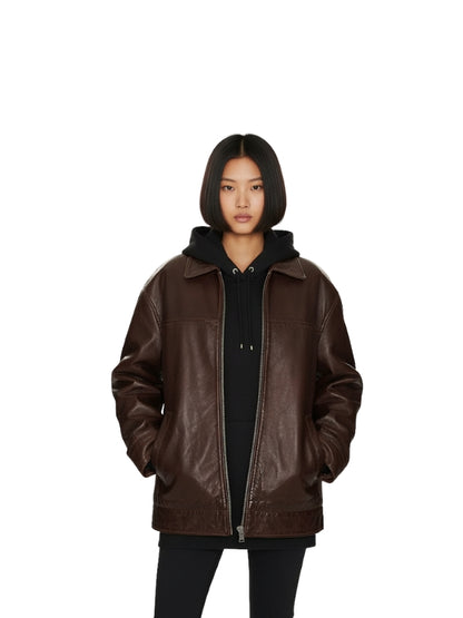 Olivia Brown Oversized Leather Jacket
