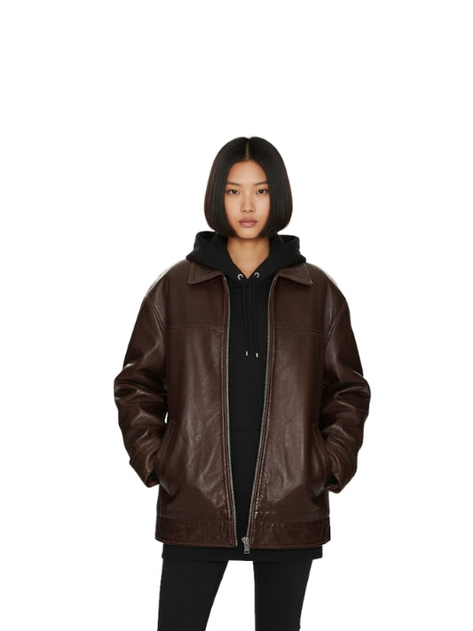 Olivia Brown Oversized Leather Jacket