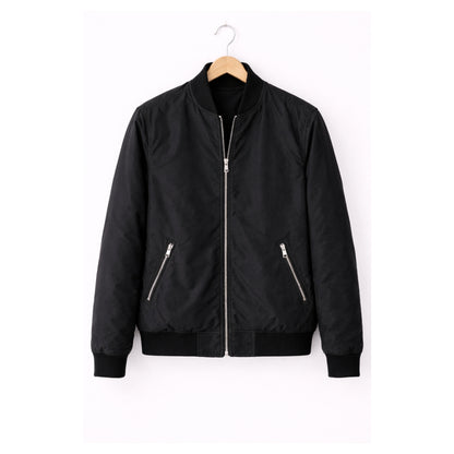Black bomber jacket on a hanger against a white background