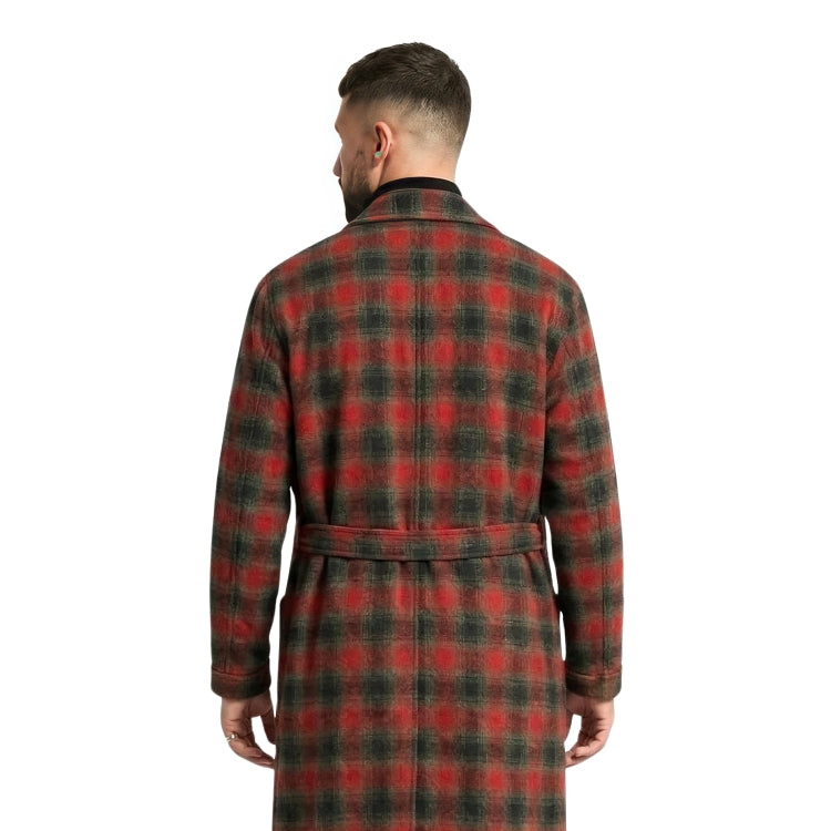 Man wearing a red and black plaid robe from the back on a white background