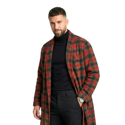 Man wearing a red and green plaid coat on a white background