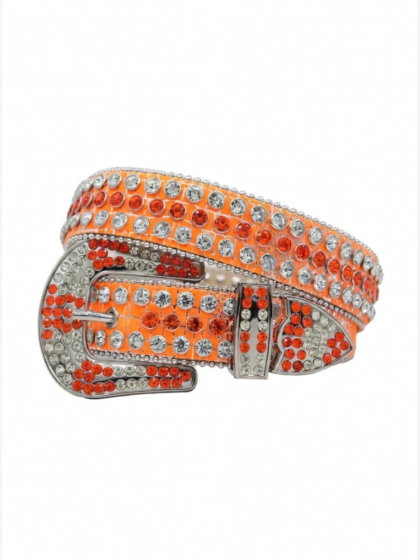 Belt with orange and silver rhinestone design on a white background