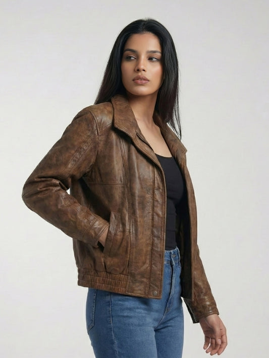Women's Vintage Oversize Brown Leather Jacket
