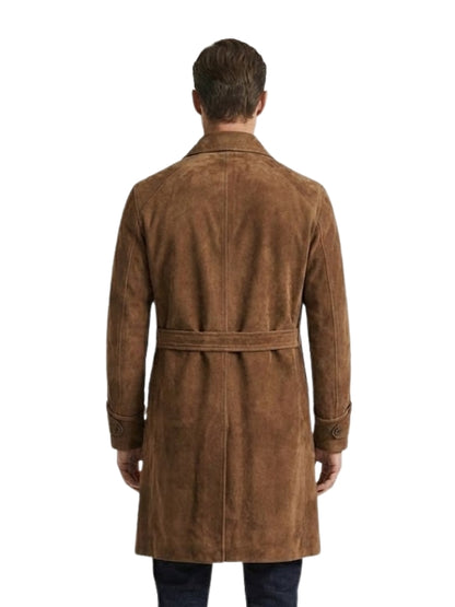 Man wearing a brown suede coat on a white background