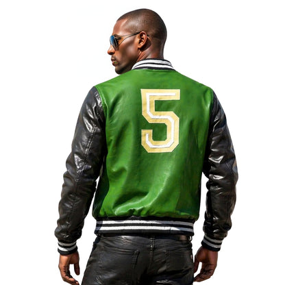 Person wearing a green and black varsity jacket with the number 5 on a white background