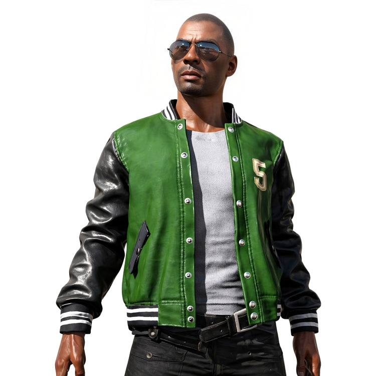 Man wearing a green and black varsity jacket with a white background