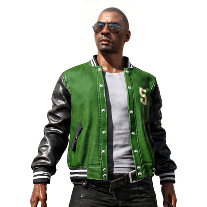 Man wearing a green and black varsity jacket with a white background