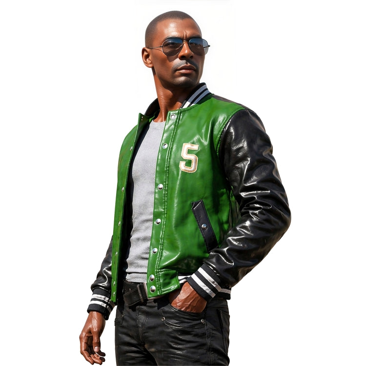 Man wearing a green varsity jacket with black leather sleeves, sunglasses, and a white shirt.