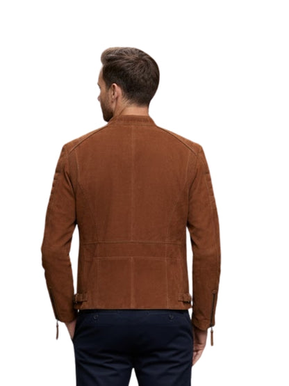Man wearing a brown suede jacket on a white background