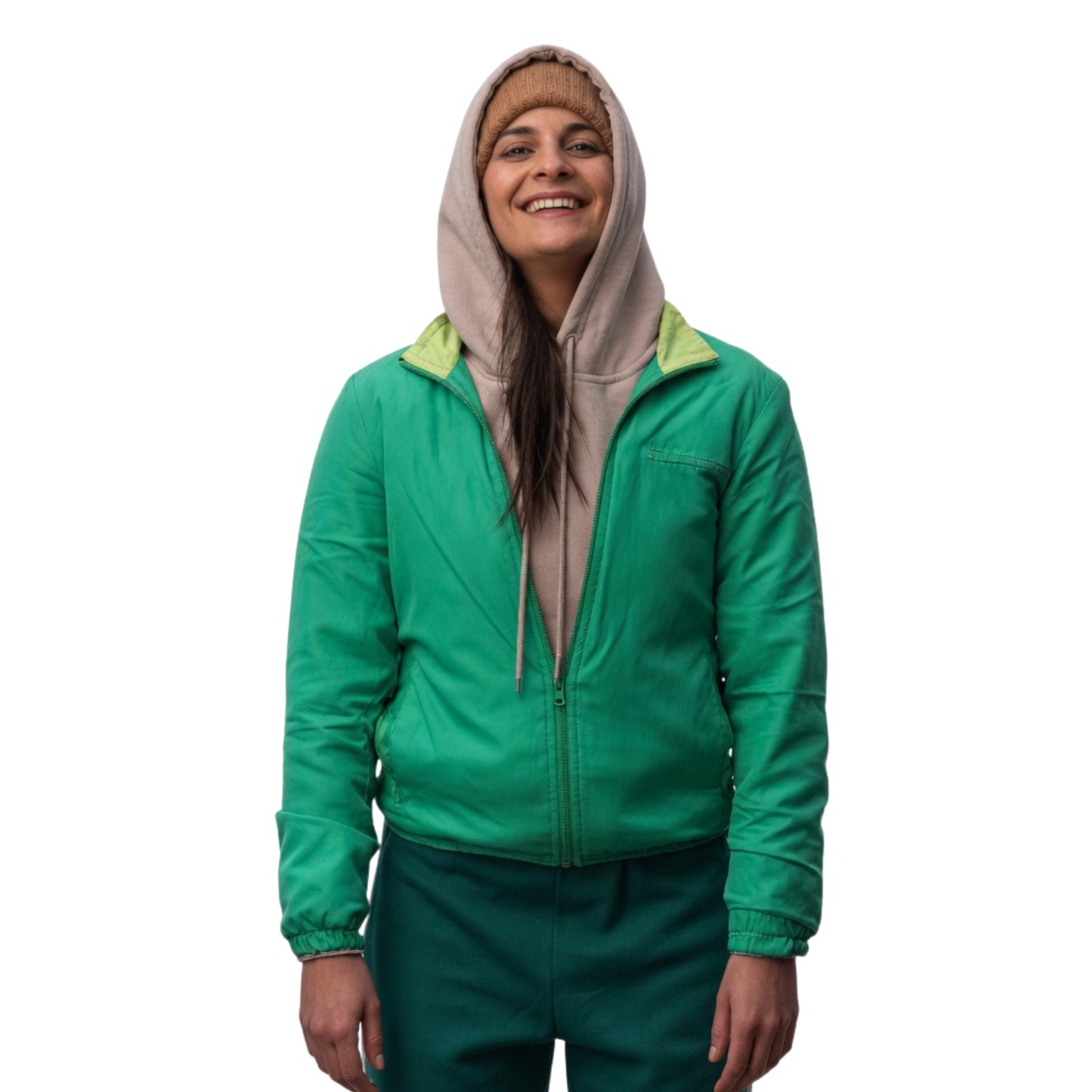 Person wearing a green jacket with a hood on a white background