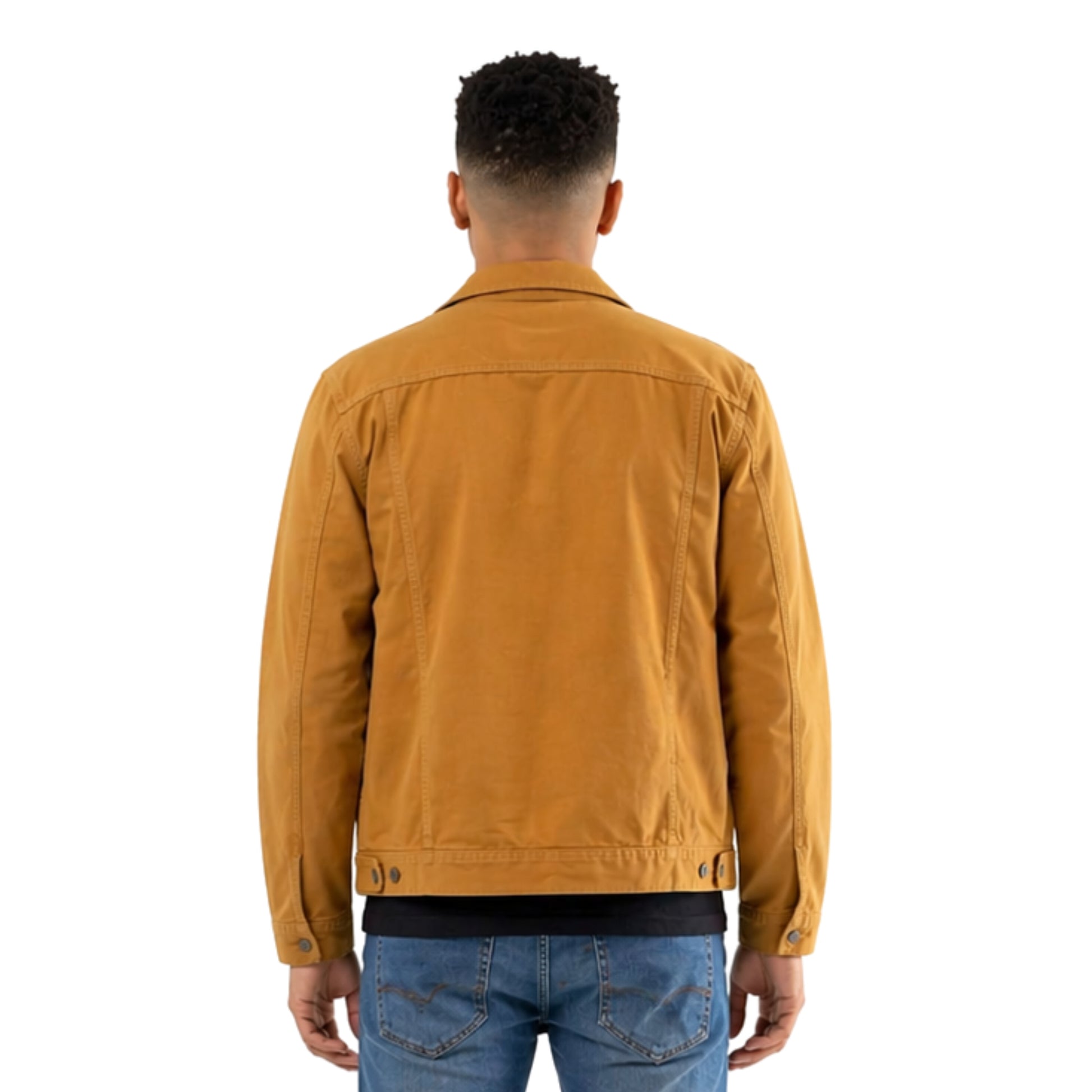 Man wearing a mustard yellow jacket on a white background