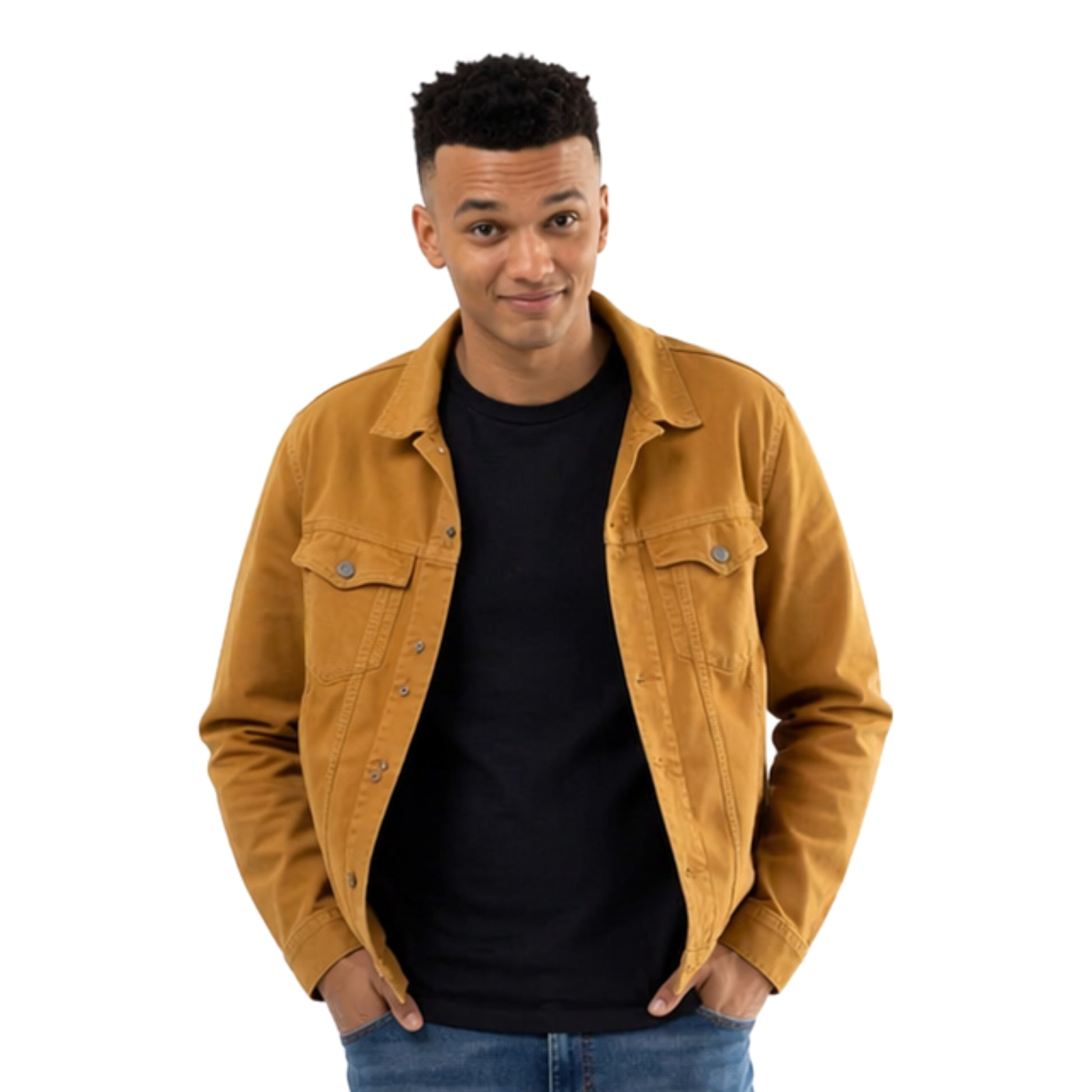Man wearing a mustard yellow jacket over a black shirt on a white background